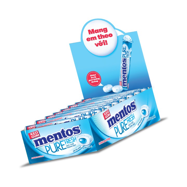 Kẹo Gum Không Đường Mentos Pure Fresh Dạng Thỏi Hương Bạc Hà (Hộp 16 Thỏi)