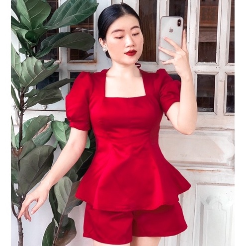 Set Nữ Tay Phồng Cổ Vuông Cột Nơ Lưng Quần Đùi - Set Tafta Thiết Kế Tay Phồng TTP STORE