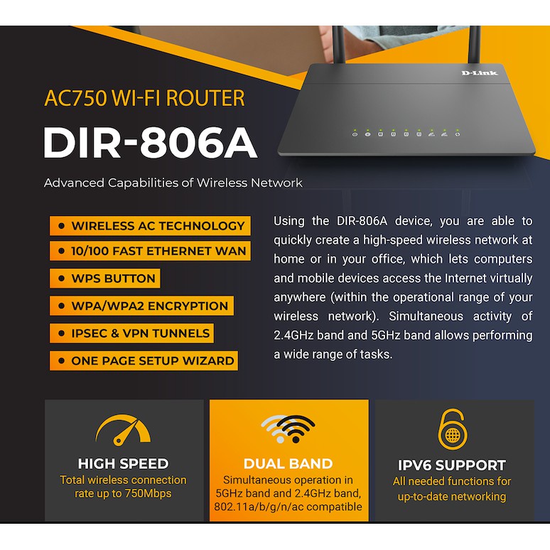 Router wifi D-Link AC750 DIR-806A, Bộ phát wifi không dây băng tần kép, Tốc độ 750 Mbps, 4 cổng LAN, 1 cổng WAN