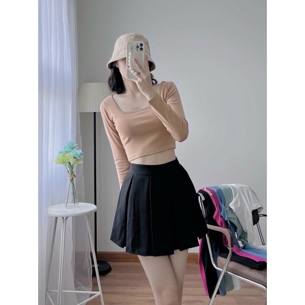 Áo croptop tay dài cổ vuông nhiều màu từ tiqijean1988