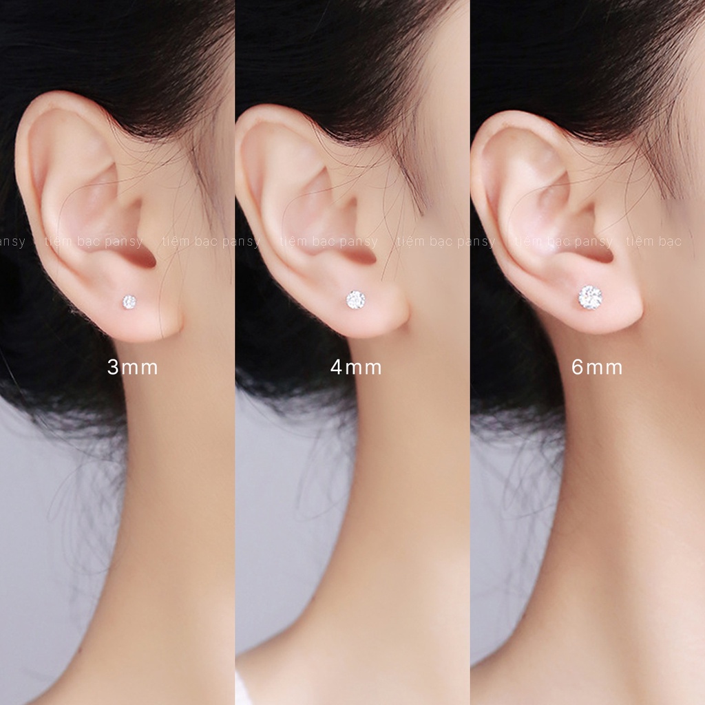 Khuyên tai bạc nam nữ unisex PANSY nụ đá tròn đính đá bấm lỗ đẹp