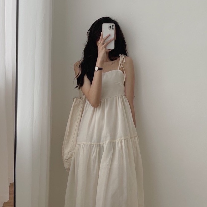 Váy maxi đi biển đi chơi 2 dây voan tơ 3 tầng bồng bềnh, Đầm 2 dây voan tơ 3 tầng DÂY BUỘC NƠ VAI babydoll.