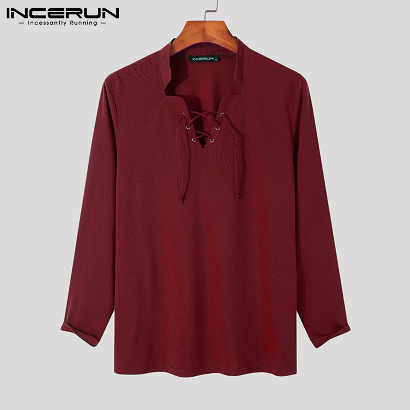 Áo thun Incerun dài tay cổ chữ V phối dây buộc 3 màu cá tính dành cho nam