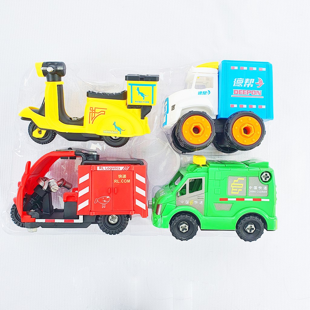 [BỘ 4 CHIẾC] xe đồ chơi xe chuyển phát nhanh màu xanh, màu vàng - tập kỹ năng tháo ráp chi tiết cực đẹp dành cho trẻ em