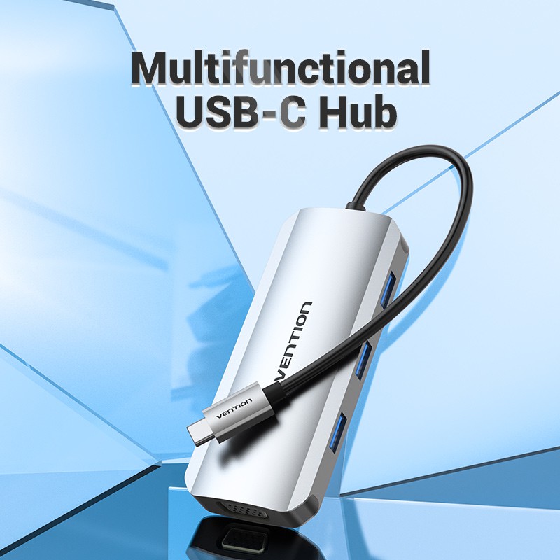 Hub USB Vention chuyển đổi cổng Type C sang HDMI/USB 3.0/VGA/PD 6 trong 1 cho Laptop/máy tính