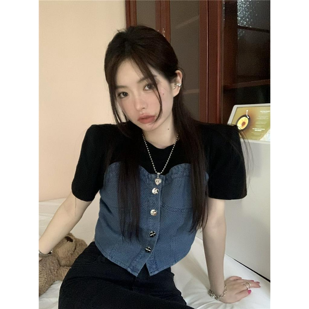 Áo Thun Ngắn Tay Giả Hai Lớp Phối denim Thời Trang Mùa Hè Cho Nữ