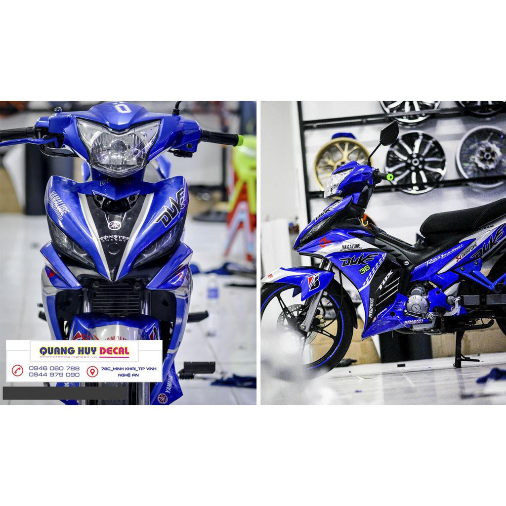 Tem xe exciter 135 xanh trắng duke, độ team trùm decal xe máy ex dán đời 2011-2014