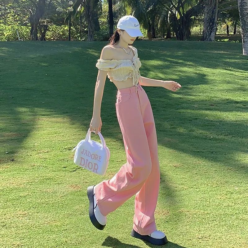 Jiashucheng Quần Jean Dài Lưng Cao Ống Rộng Dáng Suông Màu Hồng Cho Nữ