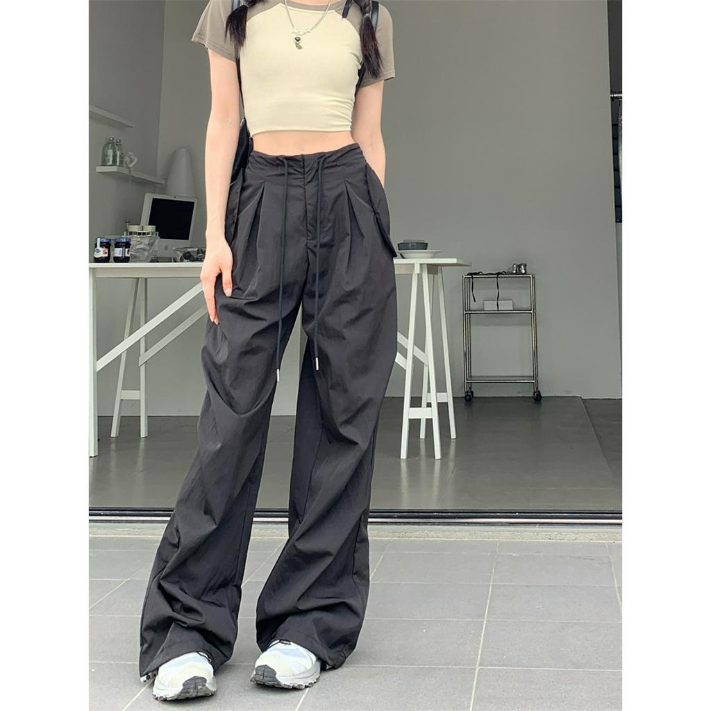 QADCOL Quần ống rộng Màu Đen Phong Cách retro Thời Trang Mùa Hè Dành Cho Nữ