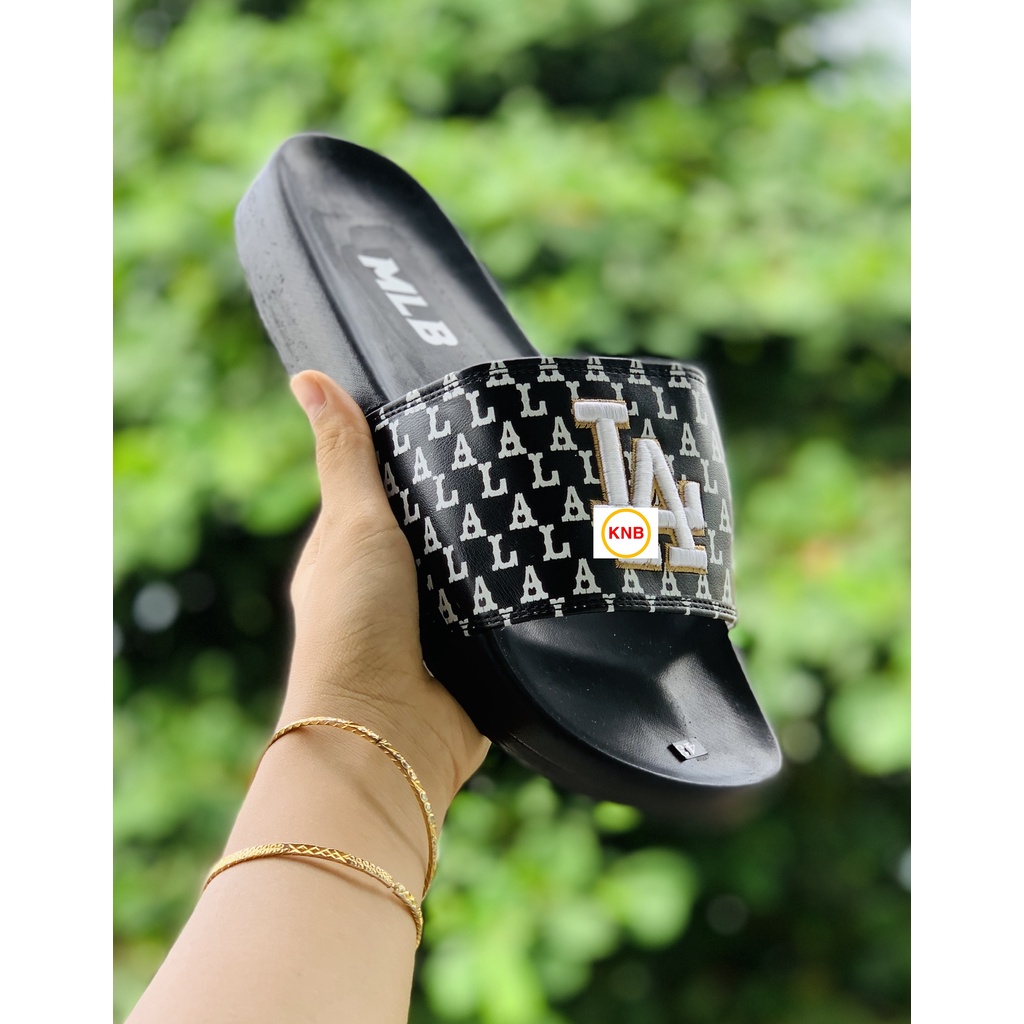 Dép 𝐌𝐋𝐁 UNISEX mẫu dép thể thao ❤️Freeship + Hộp ❤️ Dép LA bóng chày quai ngang nam nữ chữ thêu nỗi kèm tag mác full đen