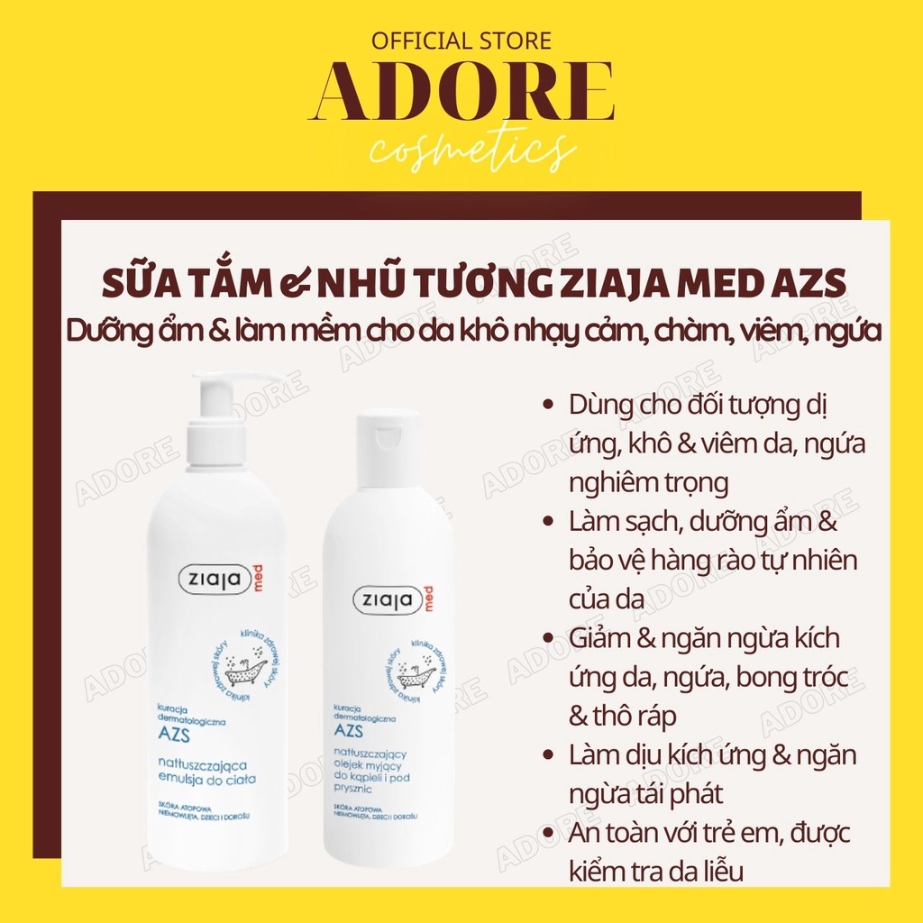 Sữa tắm &amp; nhũ tương Ziaja Med Azs dùng để chăm sóc &amp; dưỡng ẩm cho da nhạy cảm, khô, ngứa, bong tróc, chàm, viêm cơ địa