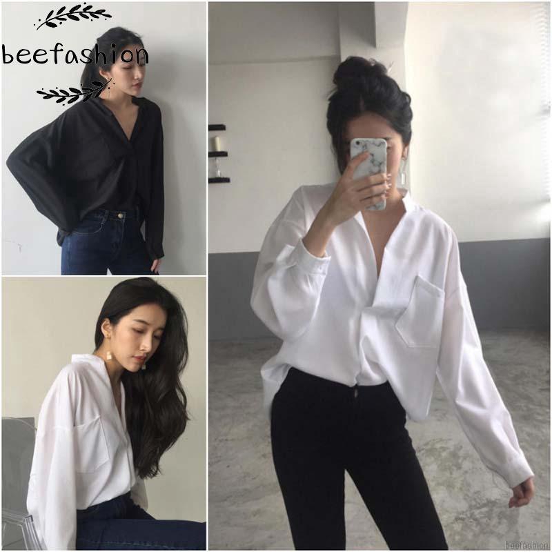 Áo Blouse nữ tay dài cổ chữ V phong cách Hàn Quốc