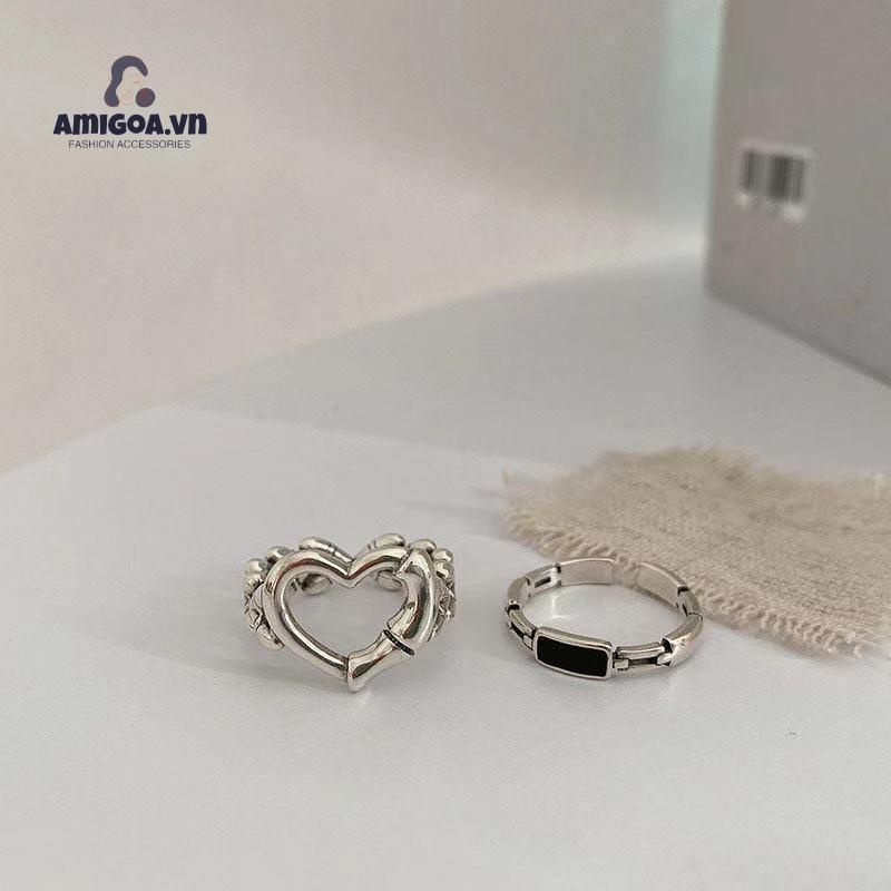 ✨✨Set nhẫn 17KM màu bạc đơn giản mỏng khoét rỗng hình trái tim phụ kiện trang sức cho nam nữ