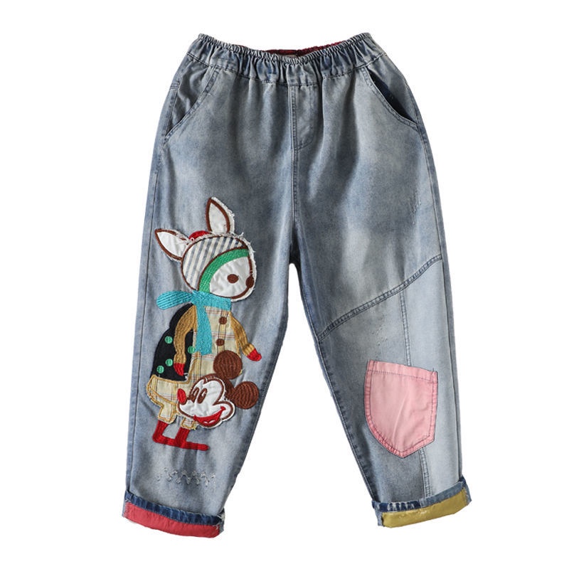 Quần Denim Lưng Cao Dáng Rộng Thêu Họa Tiết Hoạt Hình Xinh Xắn Có Size Lớn Dành Cho Nữ