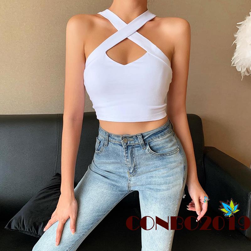 HGM-Women Casual Close-fitting Crop Tops, Solid Color Off-the-shoulder Sleeveless Tank Tops