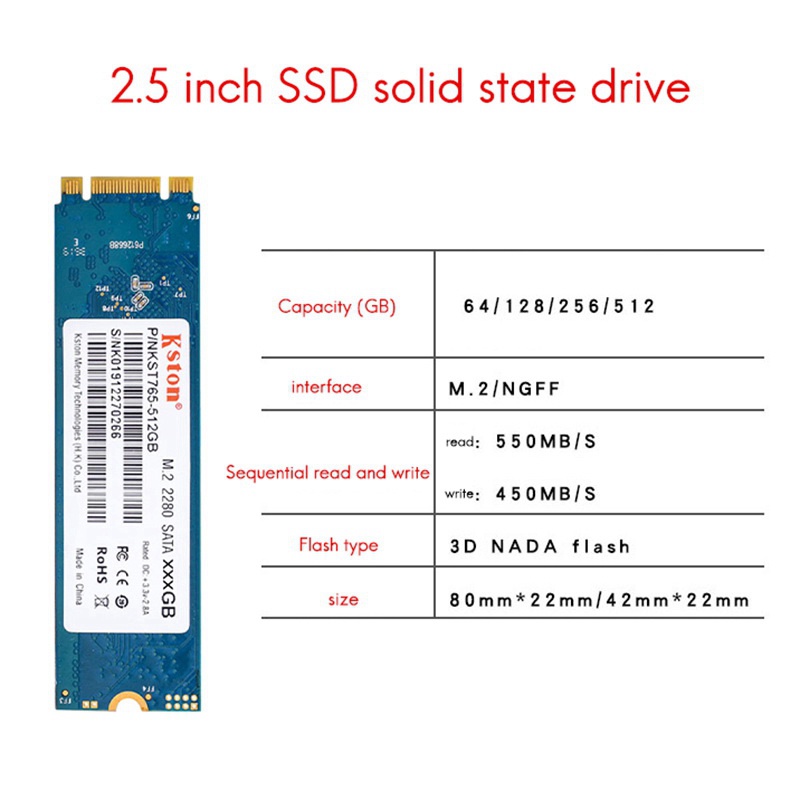 Kston 64GB SSD M.2 NGFF 2280 SATA 6Gb/S 3D NAND TLC 500MB/S Notebook Desktop Internal Solid State Drive | WebRaoVat - webraovat.net.vn