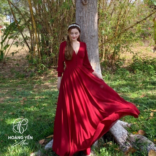 [Ảnh thật🍁] Đầm maxi đỏ đô tay dài cột nơ tà váy bồng xoè đi biển, chụp ảnh siêu xinh