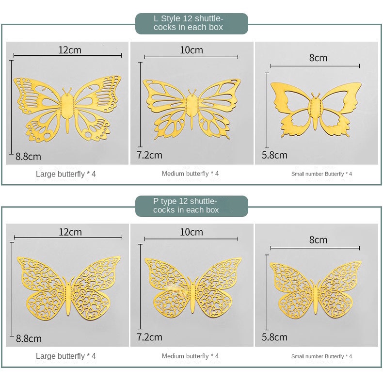 Set 12 Miếng Dán Tường Hình Bướm 3D Bằng Kim Loại