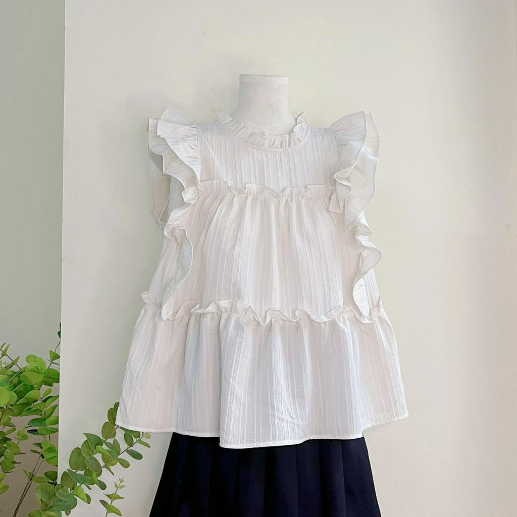 Áo kiểu babydoll xếp tầng cổ tròn phối bèo dễ thương thời trang mùa hè M209