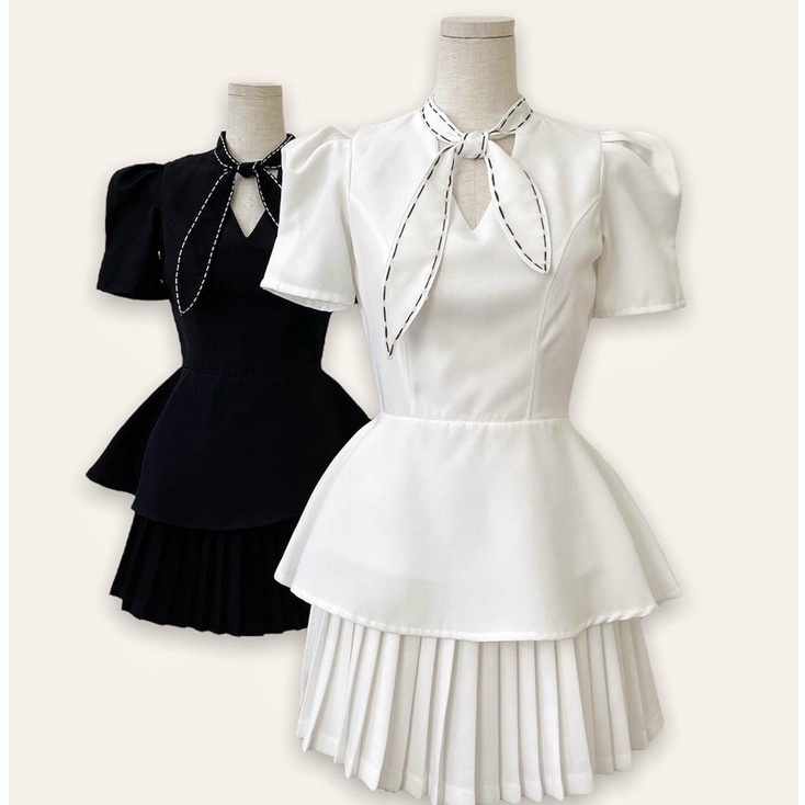 Áo peplum cổ V chỉ nổi cột nơ cổ