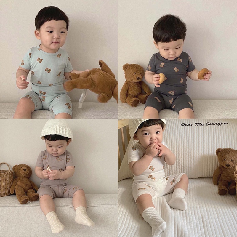 Set đồ ngủ mặc ở nhà gồm áo thun ngắn tay + quần short in hình gấu thời trang hè dễ thương cho bé
