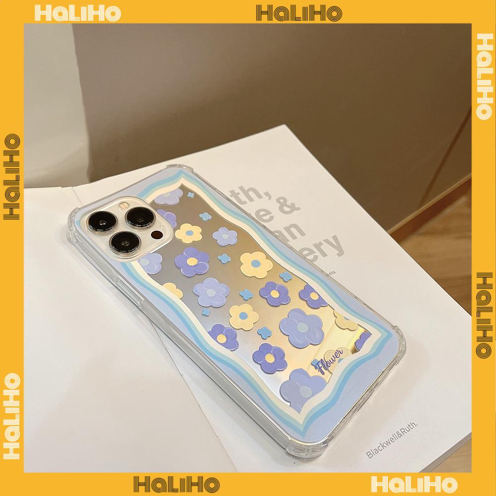 iPhone Case Acrylic HD Mirror Laser Airbag Shockproof Protection Camera Cute Blue Flowers Compatible For iPhone 11 iPhone 13 Pro Max iPhone 12 Pro Max iPhone 7 Plus iPhone xr xs