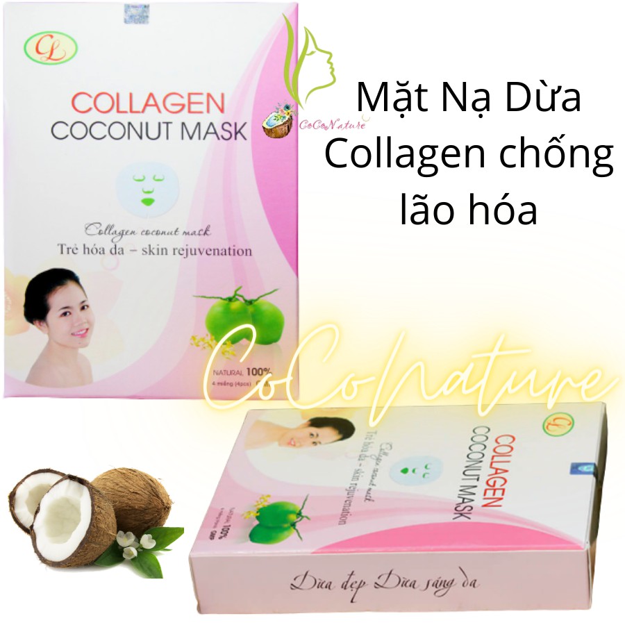 Mặt Nạ Dừa Collagen Cửu Long Chống Lão Hóa 100% Natural Coconut Mask Collagen (Hộp 4 miếng)