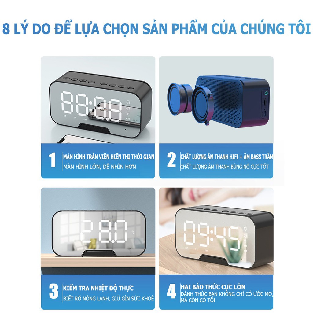 Đồng hồ AMOI G5  kiêm Loa bluetooth -  Có khe thẻ nhớ - Có FM - Có báo thức - Đo nhiệt độ với màn hình gương siêu đẹp