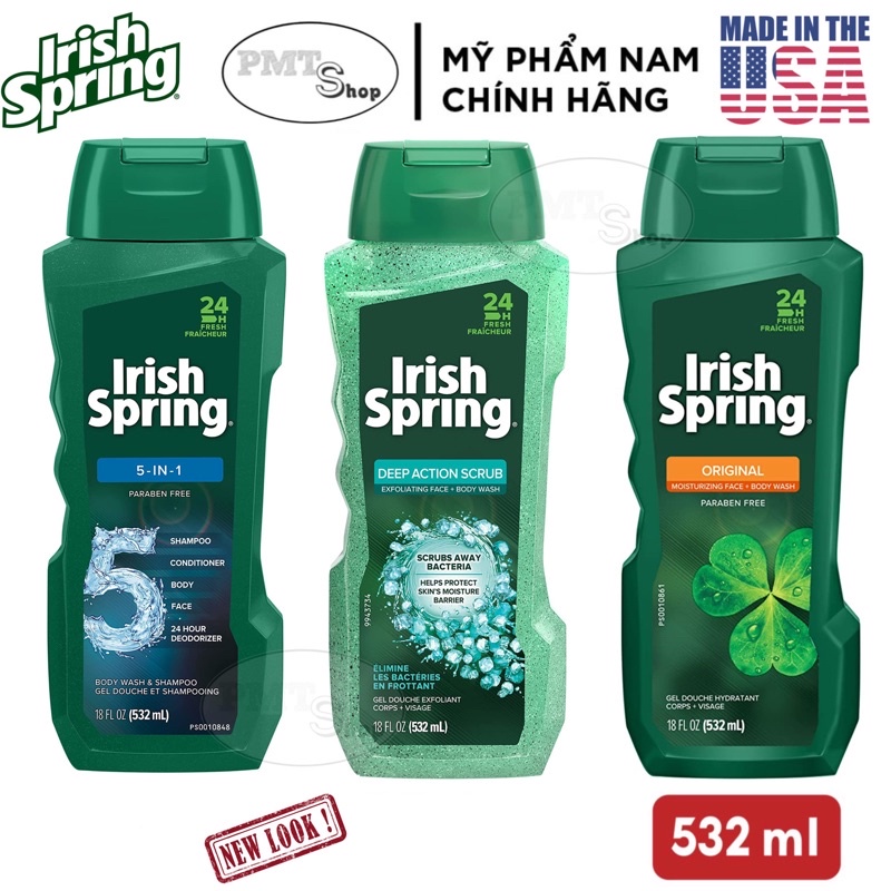 Sữa Tắm nam Irish Spring 532ml Original | Deep Action Scrub | 5in1