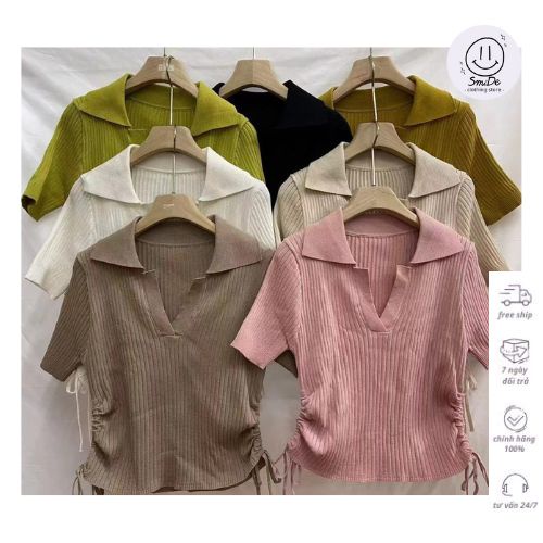 Áo Len Gân Cổ Bẻ tay Ngắn Dây Rút 2 Bên Sườn | Smide Clothing