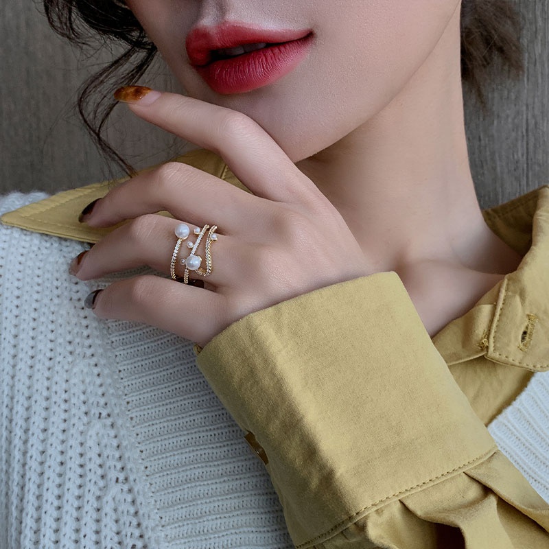 Nhẫn hở ba lớp đính ngọc trai xinh xắn sang trọng thanh lịch