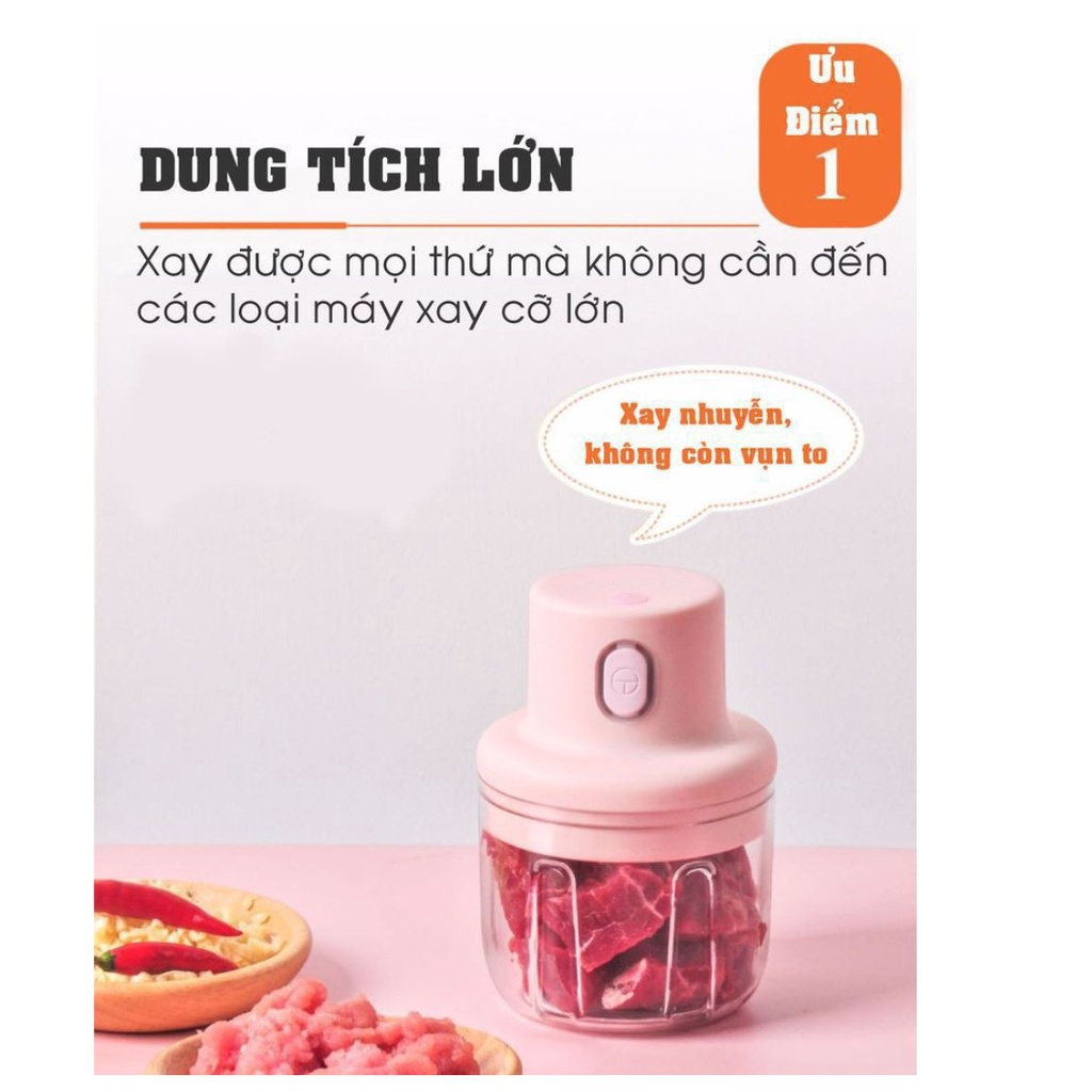 Máy Xay Mini Cầm Tay Đa Năng Sạc Pin Cao Cấp Xay Tỏi Ớt Hành Rau Củ Quả 250ml