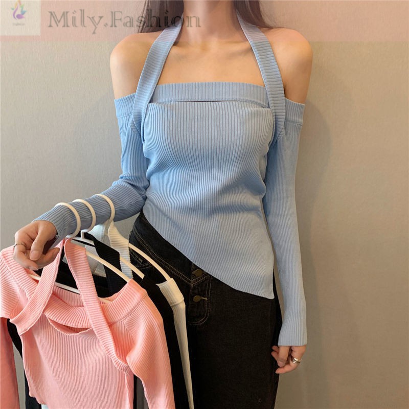 Áo Thun Tay Dài Trễ Vai Dáng Ôm Thời Trang Mùa Thu Mới 7qez T 2021