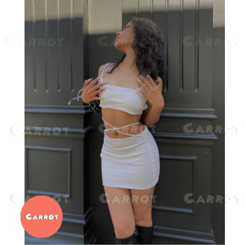 Set đồ nữ sanh chảnh,  bộ đồ nữ cá tính áo croptop 2 dây chân váy cột dây trắng ôm body carrotxinhdep