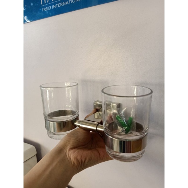 Kệ cốc đôi inox 304, kệ để cốc đánh răng inox 304, kệ inox 304 kèm cốc thủy tinh