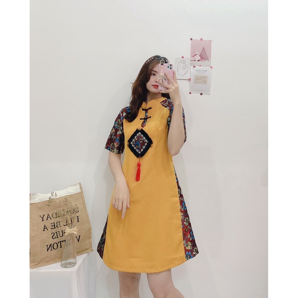 ĐẦM TẾT COTTON PHỐI GẤM THƯỢNG HẢI DÁNG SUÔNG-hình thật shop chụp | BigBuy360 - bigbuy360.vn