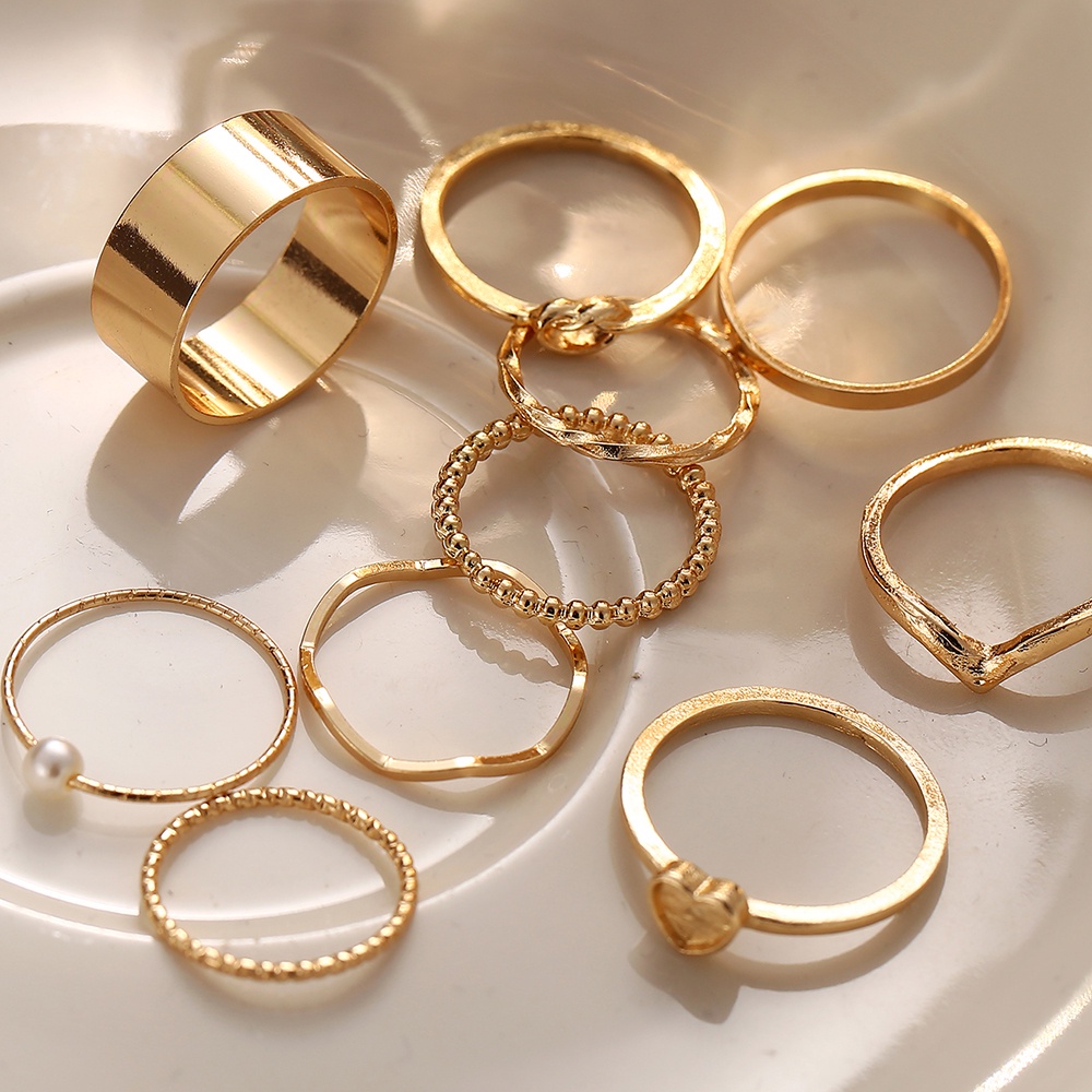 Set 10 nhẫn đeo tay bằng kim loại đính đá và ngọc trai thanh lịch sành điệu cho nữ