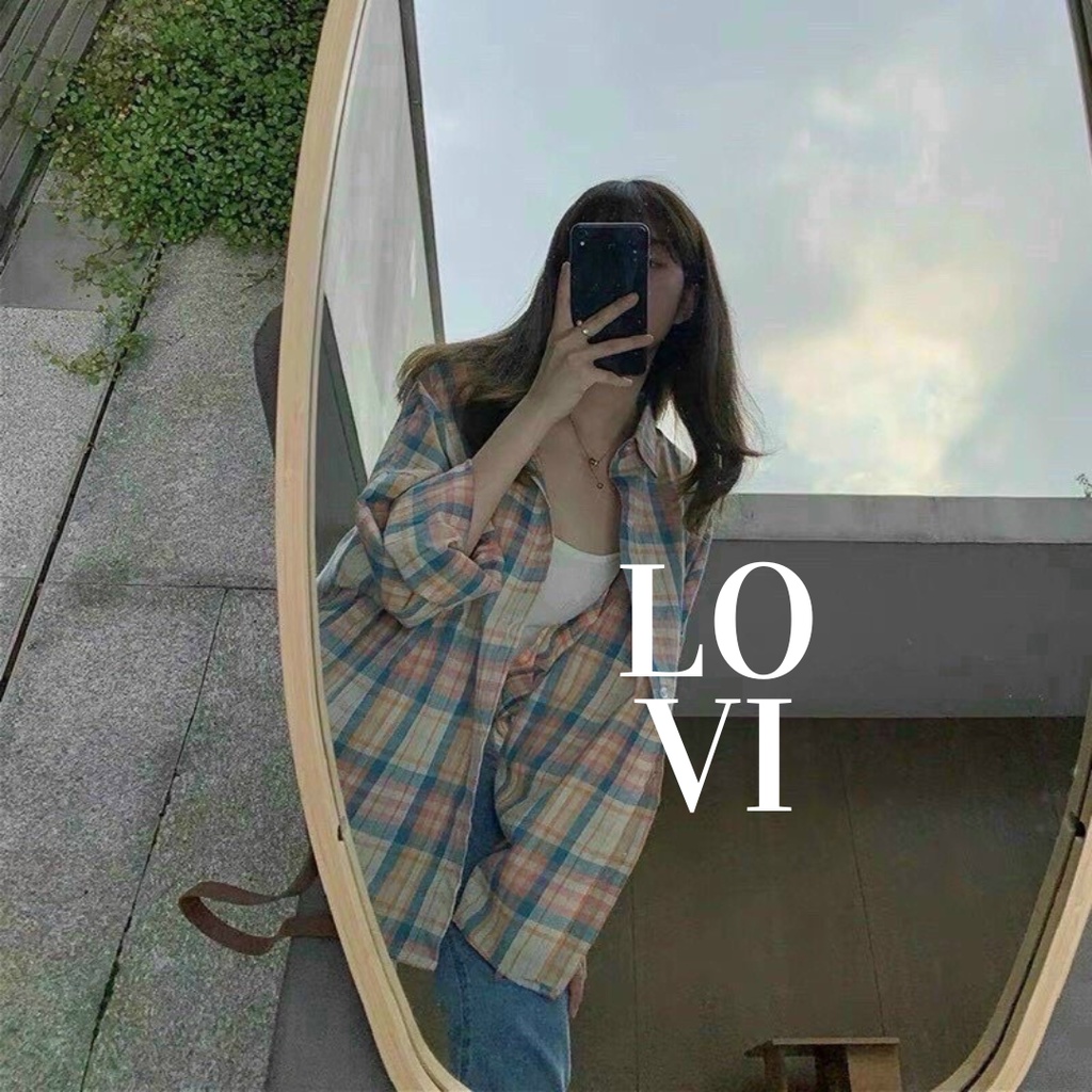 LOVI SHOP- Áo sơ mi caro cánh dơi form rộng Hồng Xanh