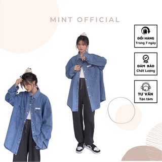 Áo sơ mi denim xanh dài tay tag vải trắng, form dáng oversize