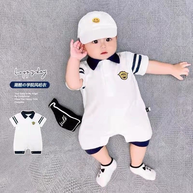 Bộ Áo Liền Quần Giả Hai Mảnh Tay Ngắn Cổ Bẻ Thoáng Khí In Họa Tiết Dễ Thương Thời Trang Mùa Hè Cho Bé Trai