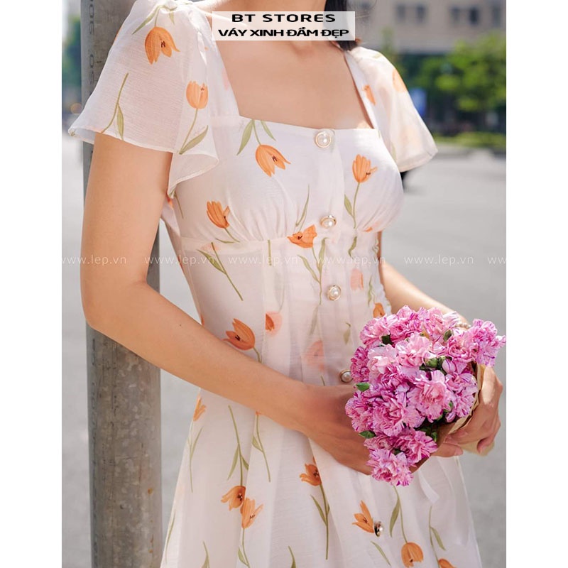 Đầm midi họa tiết hoa tulip vàng chất vải Voan - Yellow Tulips dress (BT118)