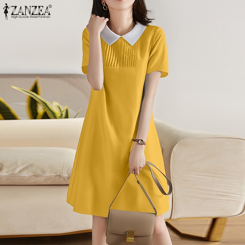 Đầm midi Zanzea tay ngắn màu trơn có túi thời trang Hàn Quốc thanh lịch cho nữ