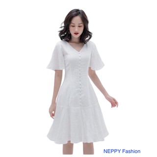[Mã giảm 30k, 20k,12k, 5k đơn 0đ] Váy Nữ Đầm trắng bèo lai nút bọc Xòe Đầm Nữ Công Sở Xinh Neppy N1W74
