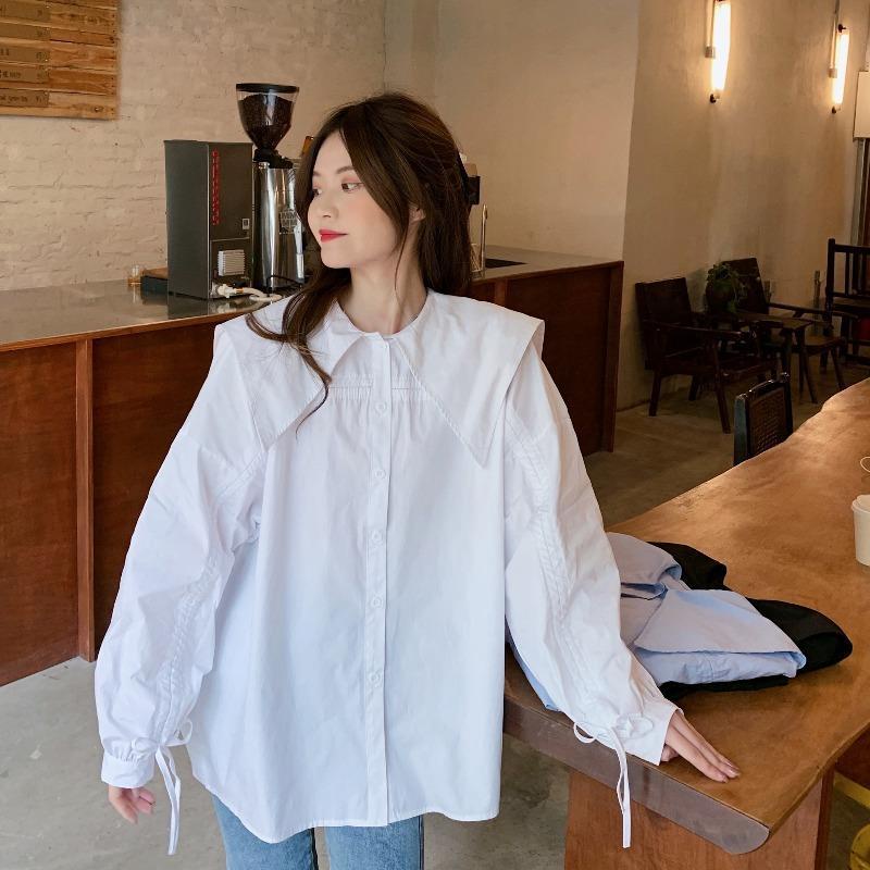 Áo Sơ Mi Nữ Tay Dài Cổ Thủy Thủ Màu Trơn Thời Trang