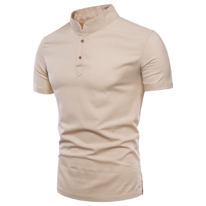 BEFOYI Men Casual Shirt Linen Slim Fit Plain Short Sleeve Stand Collar Tops SM201