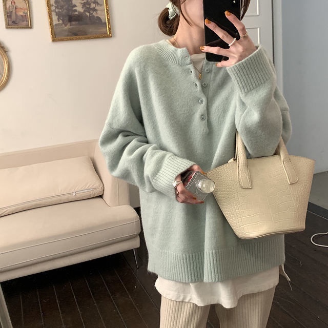 Áo Sweater cổ tròn dáng rộng phối nút phong cách Hàn Quốc đơn giản thời trang cho nữ