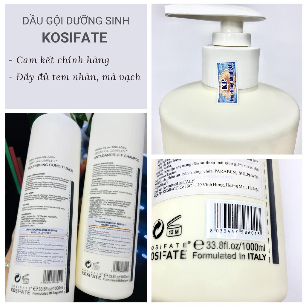 Dầu gội xả dưỡng sinh Kosifate Keratin Complex ngăn ngừa rụng tóc hỗ trợ mọc tóc phục hồi tóc hư tổn 1000ml