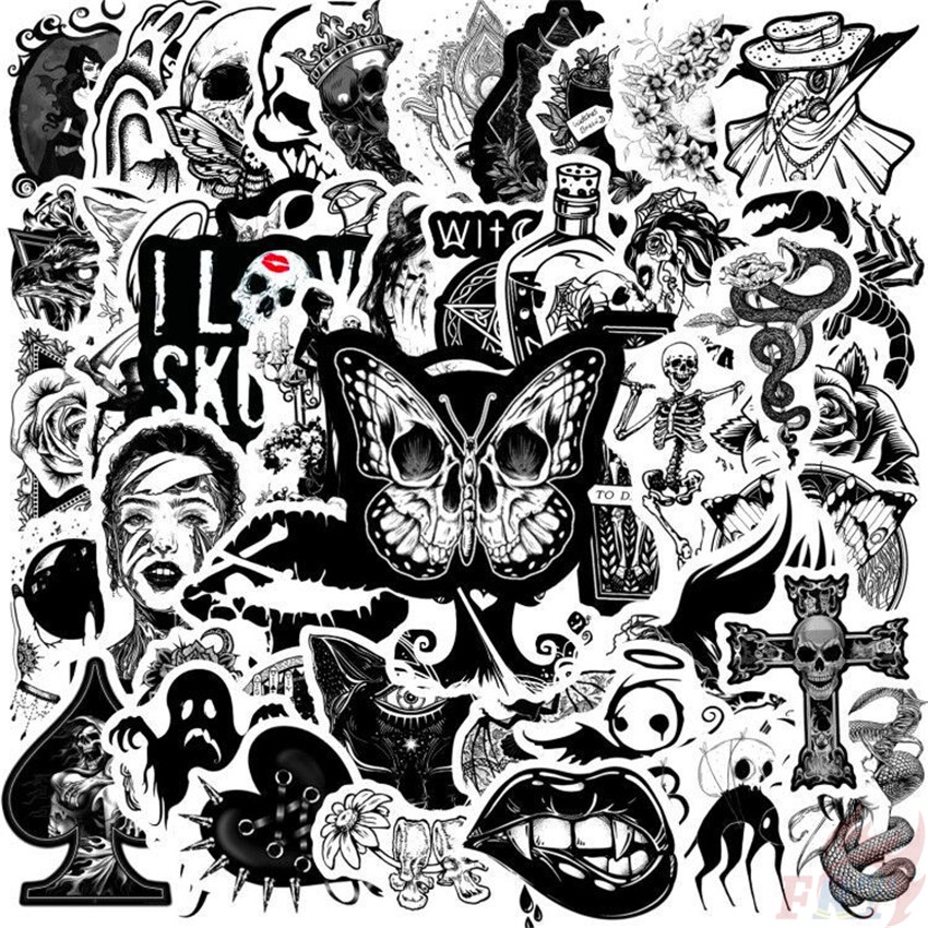 ❉ Sticker Dán Trang Trí Họa Tiết Trắng Đen Phong Cách Gothic Punk 04 ❉ Bộ 50 Sticker Chống Thấm Nước Họa Tiết Doodle Hợp Thời Trang