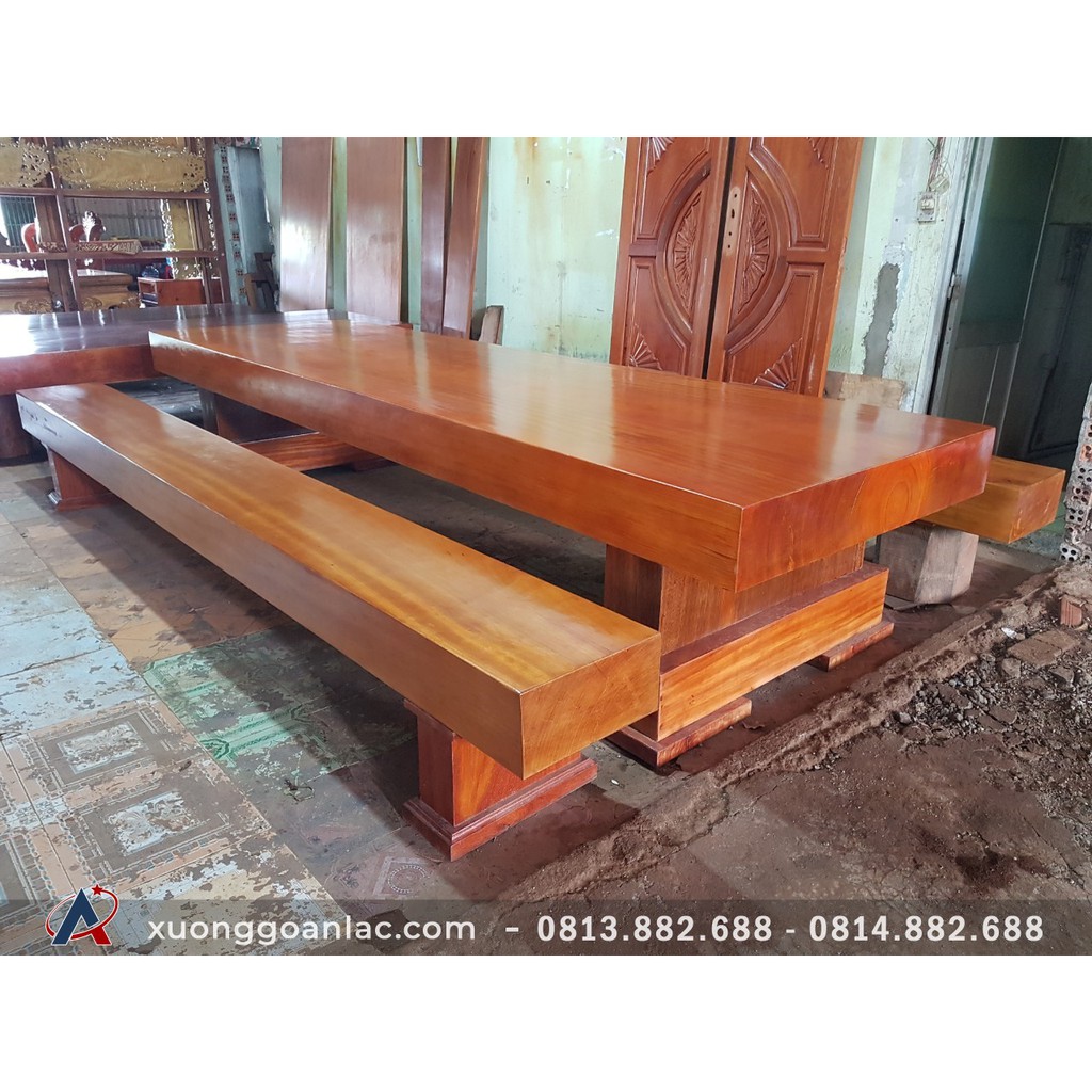 Bộ bàn ghế 3 tấm nguyên khối dài 2m7 gỗ hương Nam Phi