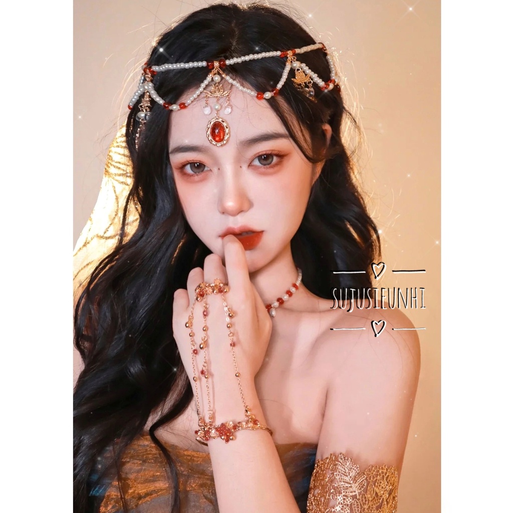 2 mẫu vòng ngọc nhân tạo màu đỏ đeo cổ, đeo trán phong cách cổ xưa Trung Hoa